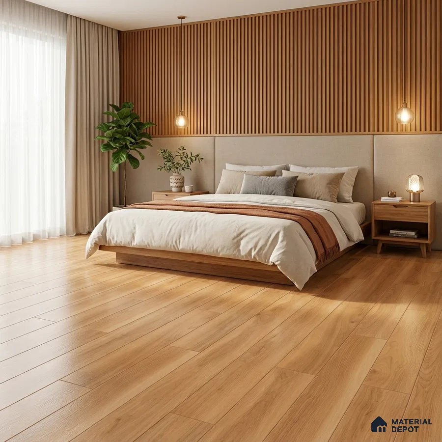 Scandinavian bedroom with oak wood flooring and vertical wood slat wall panels
