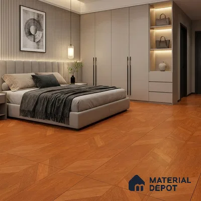 Modern Bedroom with Terracotta Wood-Look Geometric Floor Tile