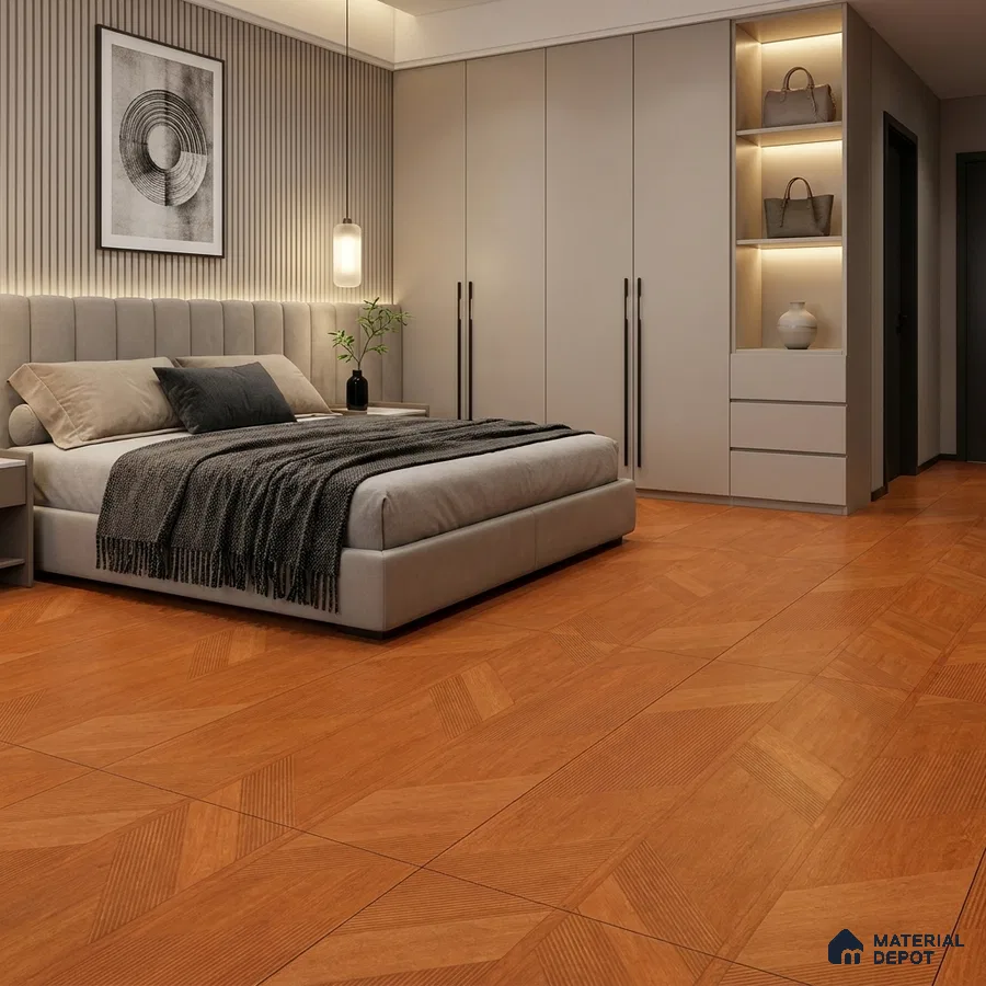 Modern Bedroom with Terracotta Wood-Look Geometric Floor Tile