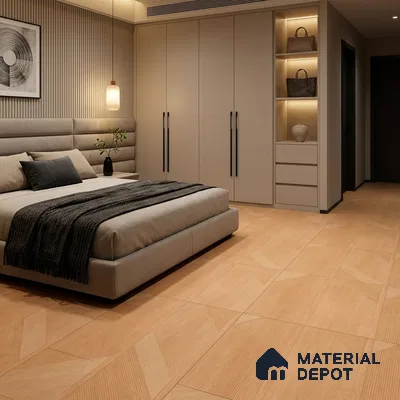 Modern Bedroom with Warm Beige Wood-Look Geometric Floor Tile