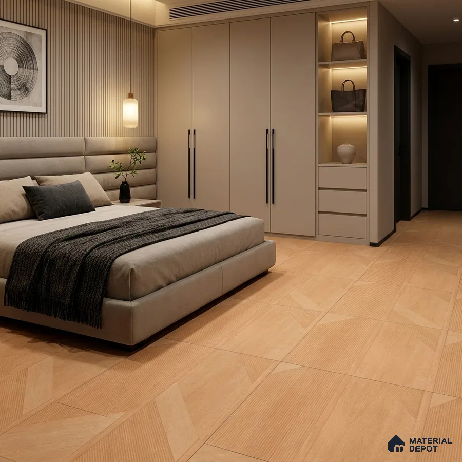 Modern Bedroom with Warm Beige Wood-Look Geometric Floor Tile
