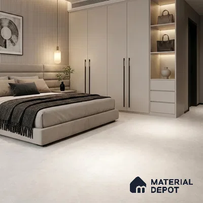 Modern Bedroom with Frosty White Cement-Look Matte Floor Tile