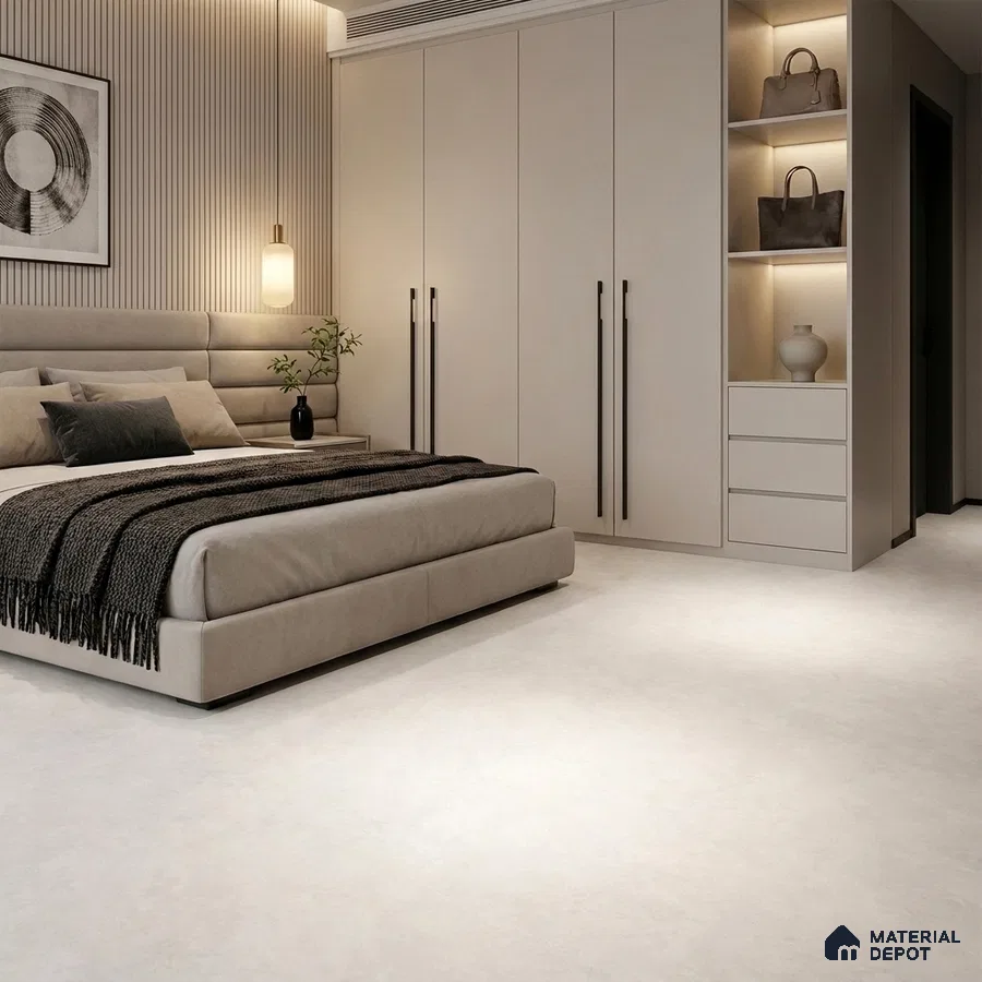 Modern Bedroom with Frosty White Cement-Look Matte Floor Tile