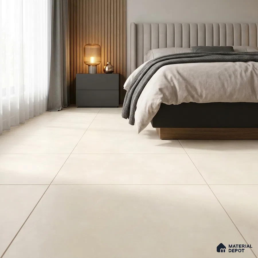 Modern Bedroom with Cream Cement-Look Matte Floor Tile