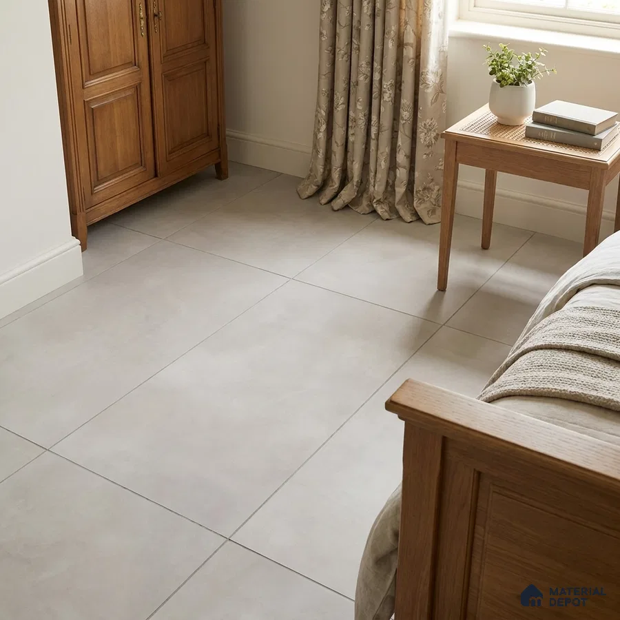 Traditional Bedroom with Greige Cement-Look Matte Floor Tile