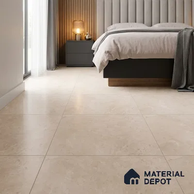 Modern Bedroom with Warm Beige Marble-Look Floor Tile
