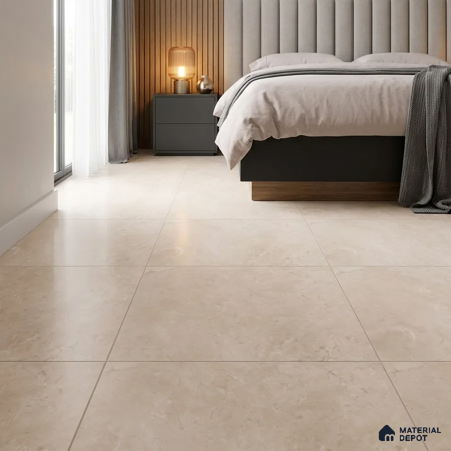 Modern Bedroom with Warm Beige Marble-Look Floor Tile