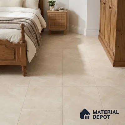 Traditional Bedroom with Cream Beige Marble-Look Floor Tile