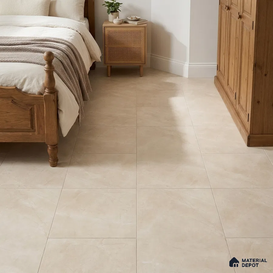 Traditional Bedroom with Cream Beige Marble-Look Floor Tile