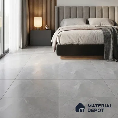 Modern Bedroom with Light Grey Marble-Look Floor Tile