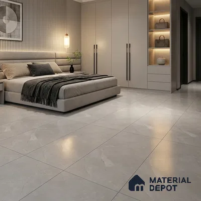 Modern Bedroom with Light Grey Marble-Look Glossy Floor Tile