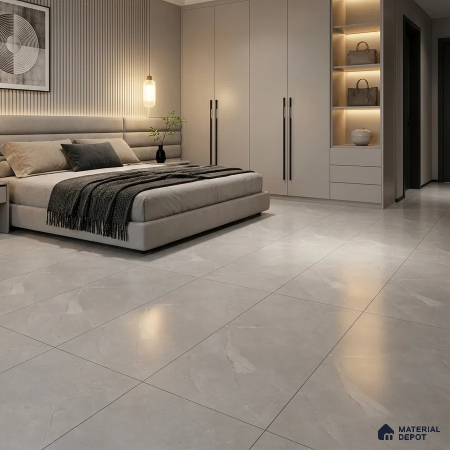 Modern Bedroom with Light Grey Marble-Look Glossy Floor Tile