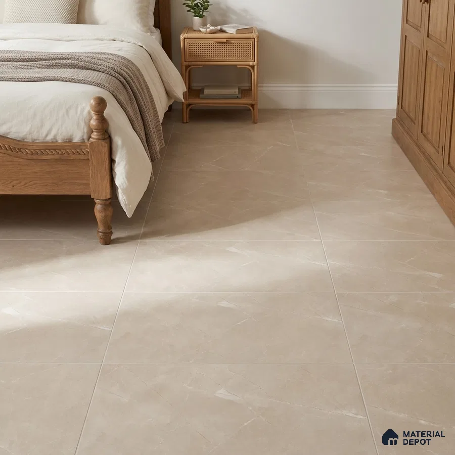 Traditional Bedroom with Warm Beige Marble-Look Floor Tile