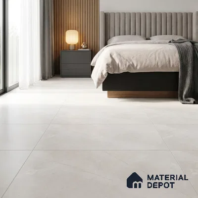 Modern Bedroom with Glossy Cream Marble-Look Floor Tile and Walnut Slat Wall