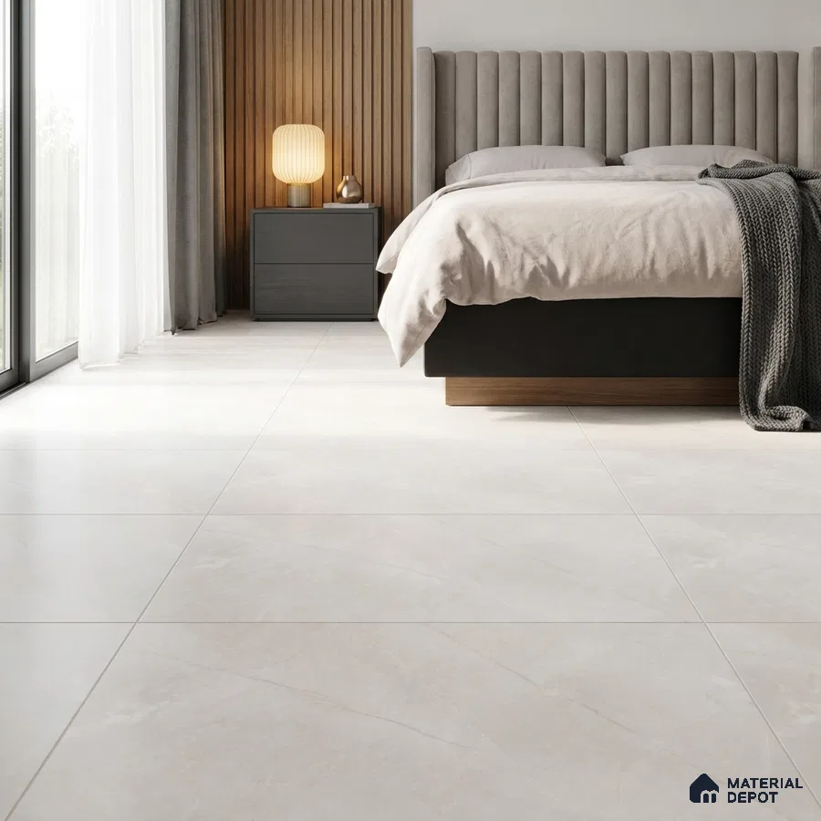 Modern Bedroom with Glossy Cream Marble-Look Floor Tile and Walnut Slat Wall