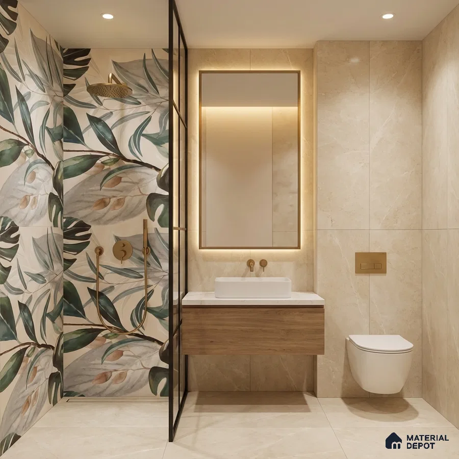 Modern bathroom with tropical floral highlighter wall tile, beige marble-look tiles, and wood vanity