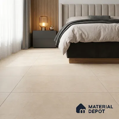 Modern Bedroom with Warm Beige Cement-Look Matte Floor Tile
