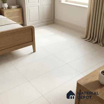 Scandinavian Bedroom with Frosty White Cement-Look Matte Floor Tile