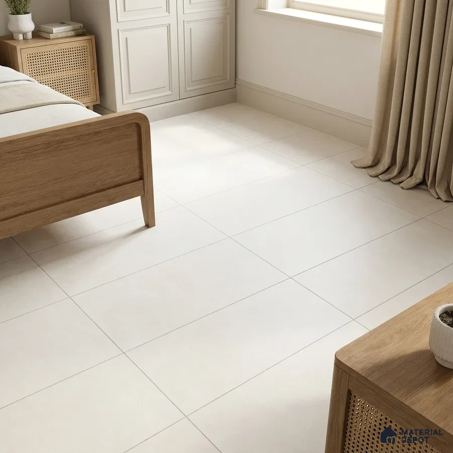 Scandinavian Bedroom with Frosty White Cement-Look Matte Floor Tile