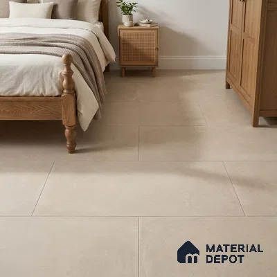 Scandinavian Bedroom with Warm Beige Cement-Look Matte Floor Tile
