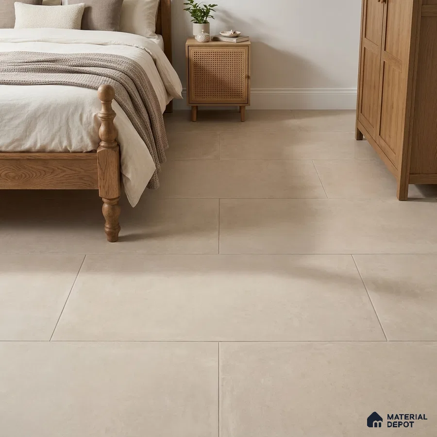 Scandinavian Bedroom with Warm Beige Cement-Look Matte Floor Tile