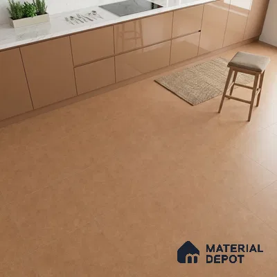 Modern kitchen with glossy cappuccino laminate cabinets and white marble countertop with terracotta floor tiles