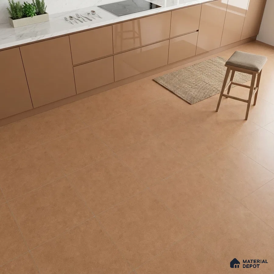 Modern kitchen with glossy cappuccino laminate cabinets and white marble countertop with terracotta floor tiles