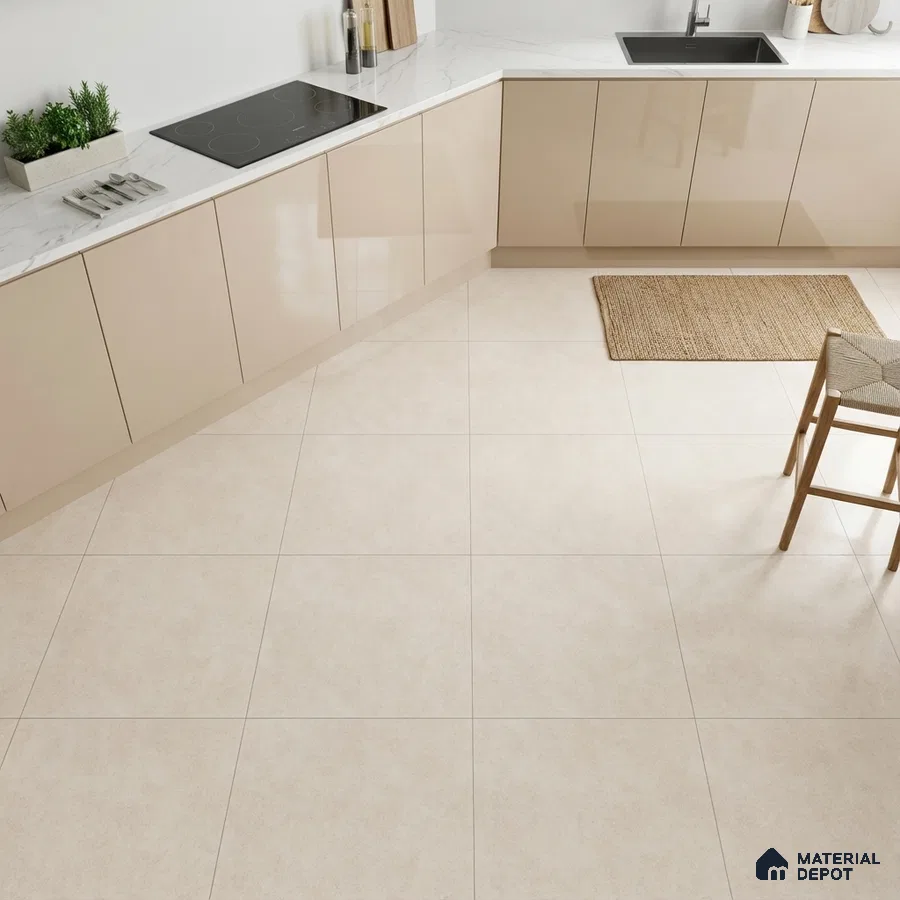 Modern kitchen with beige high gloss laminate cabinets and white marble countertop