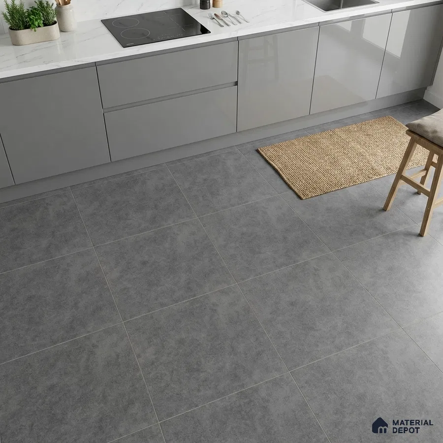 Modern kitchen with grey high gloss laminate cabinets, white marble countertop, and matte grey stone floor tiles