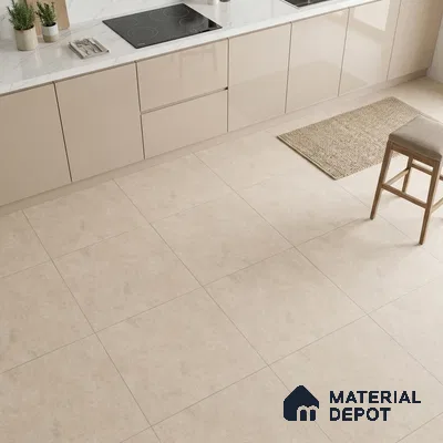 Modern kitchen with beige high gloss laminate cabinets, white marble countertop, and matte beige floor tiles