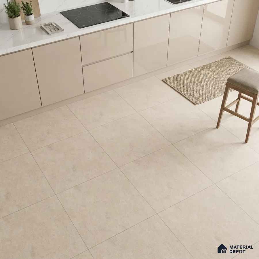 Modern kitchen with beige high gloss laminate cabinets, white marble countertop, and matte beige floor tiles