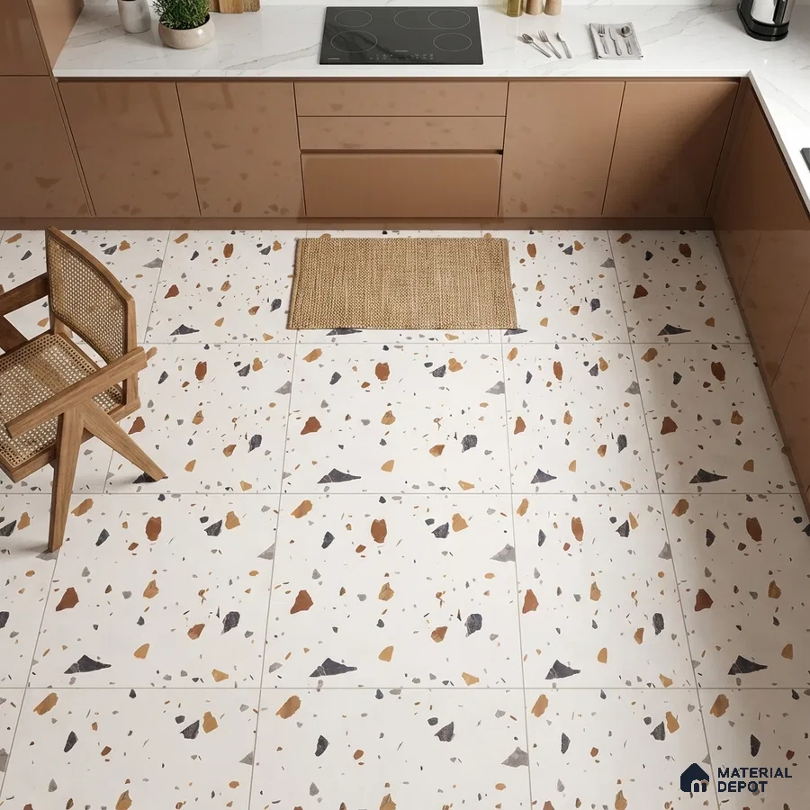 Modern kitchen with glossy beige laminate cabinets and terrazzo floor tiles