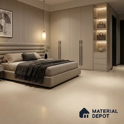 Modern Bedroom with Cream Cement-Look Matte Floor Tile