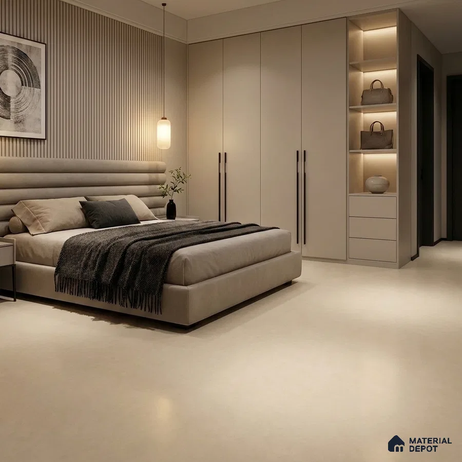 Modern Bedroom with Cream Cement-Look Matte Floor Tile