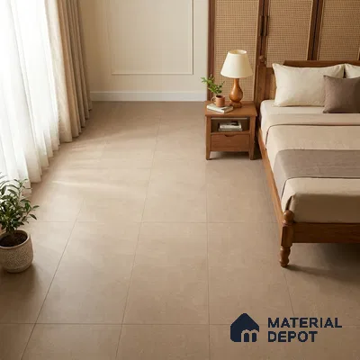 Scandinavian Bedroom with Warm Sand Beige Cement-Look Matte Floor Tile