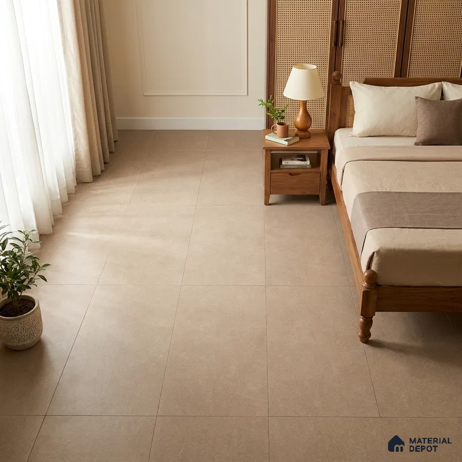 Scandinavian Bedroom with Warm Sand Beige Cement-Look Matte Floor Tile