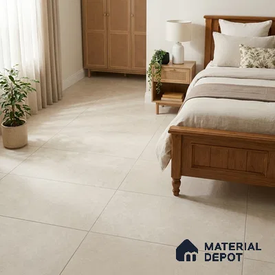 Scandinavian Bedroom with Cream Cement-Look Matte Floor Tile
