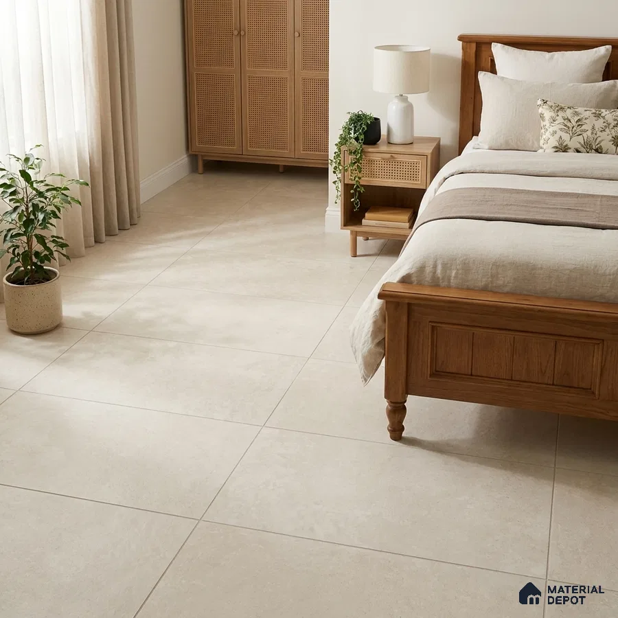 Scandinavian Bedroom with Cream Cement-Look Matte Floor Tile