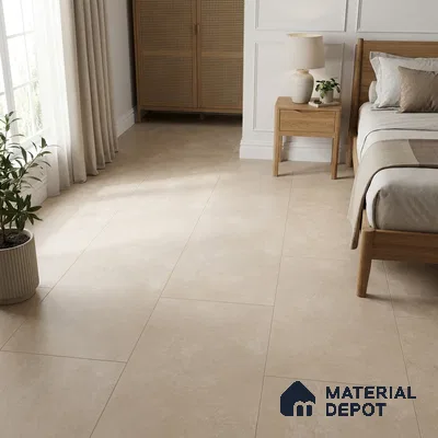 Scandinavian Bedroom with Warm Beige Cement-Look Matte Floor Tile
