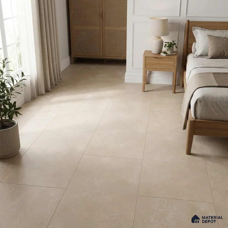 Scandinavian Bedroom with Warm Beige Cement-Look Matte Floor Tile