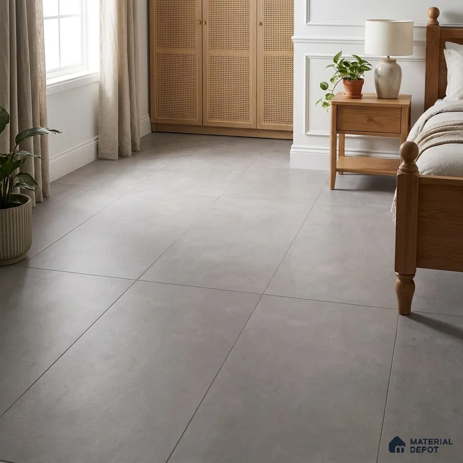 Scandinavian Bedroom with Cool Grey Cement-Look Matte Floor Tile