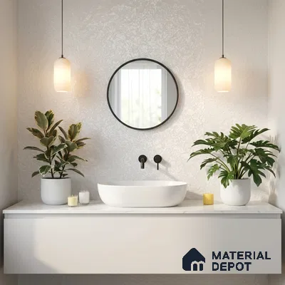 Minimalist bathroom with frosty white laminate vanity and white marble countertop