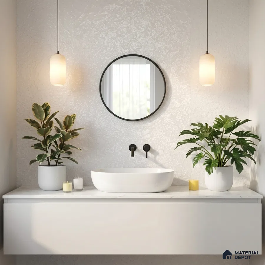 Minimalist bathroom with frosty white laminate vanity and white marble countertop