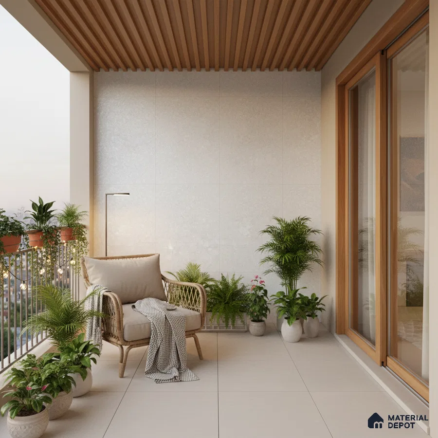 Scandinavian balcony with beige floor tiles, wooden ceiling louvers, and potted plants