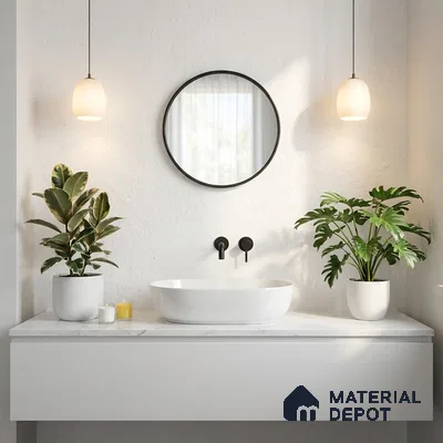 Minimalist bathroom with white marble countertop and matte white vanity