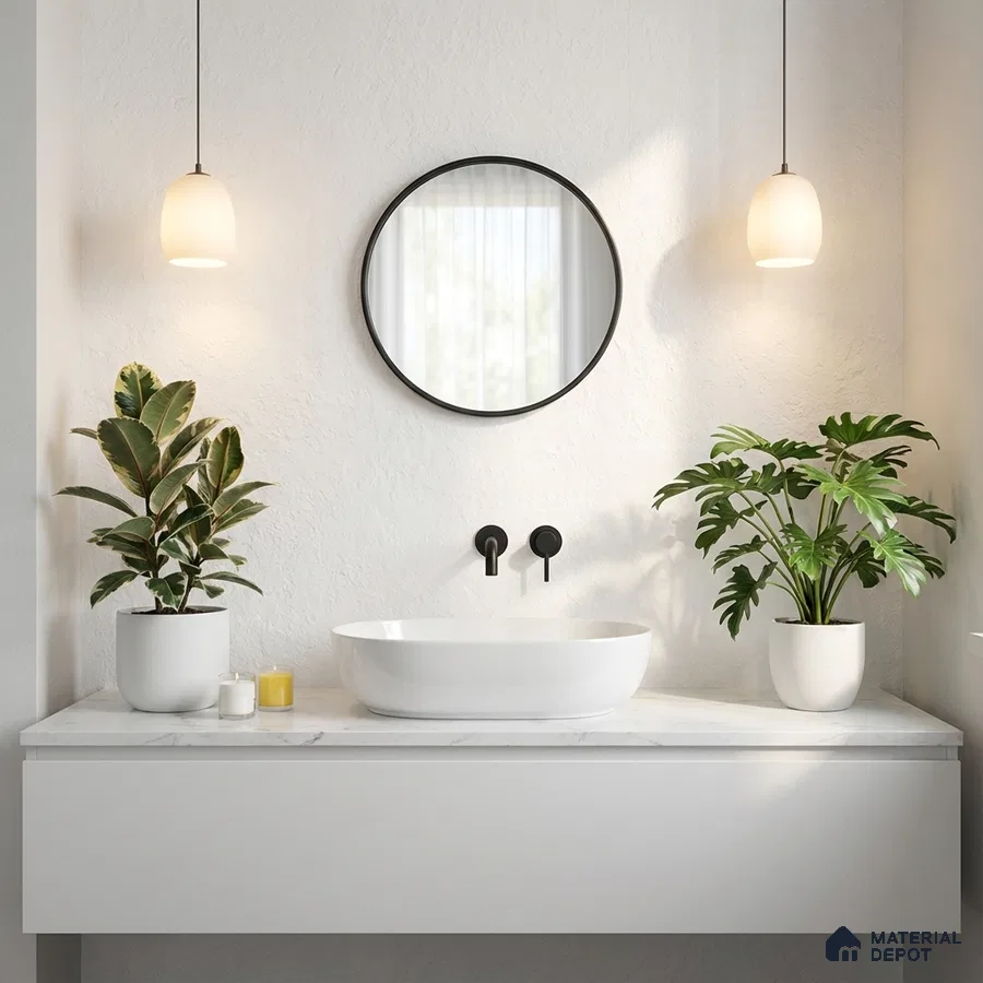 Minimalist bathroom with white marble countertop and matte white vanity