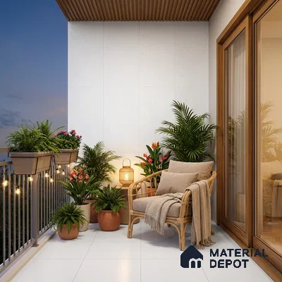 Scandinavian balcony with white floor tiles, wooden ceiling louvers, and rattan furniture