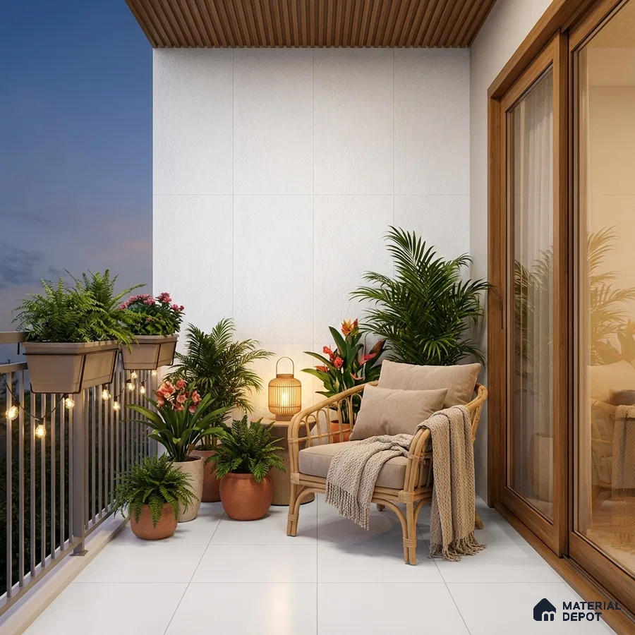Scandinavian balcony with white floor tiles, wooden ceiling louvers, and rattan furniture
