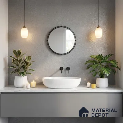 Minimalist bathroom with grey textured wall tile, white marble countertop, and matte grey vanity