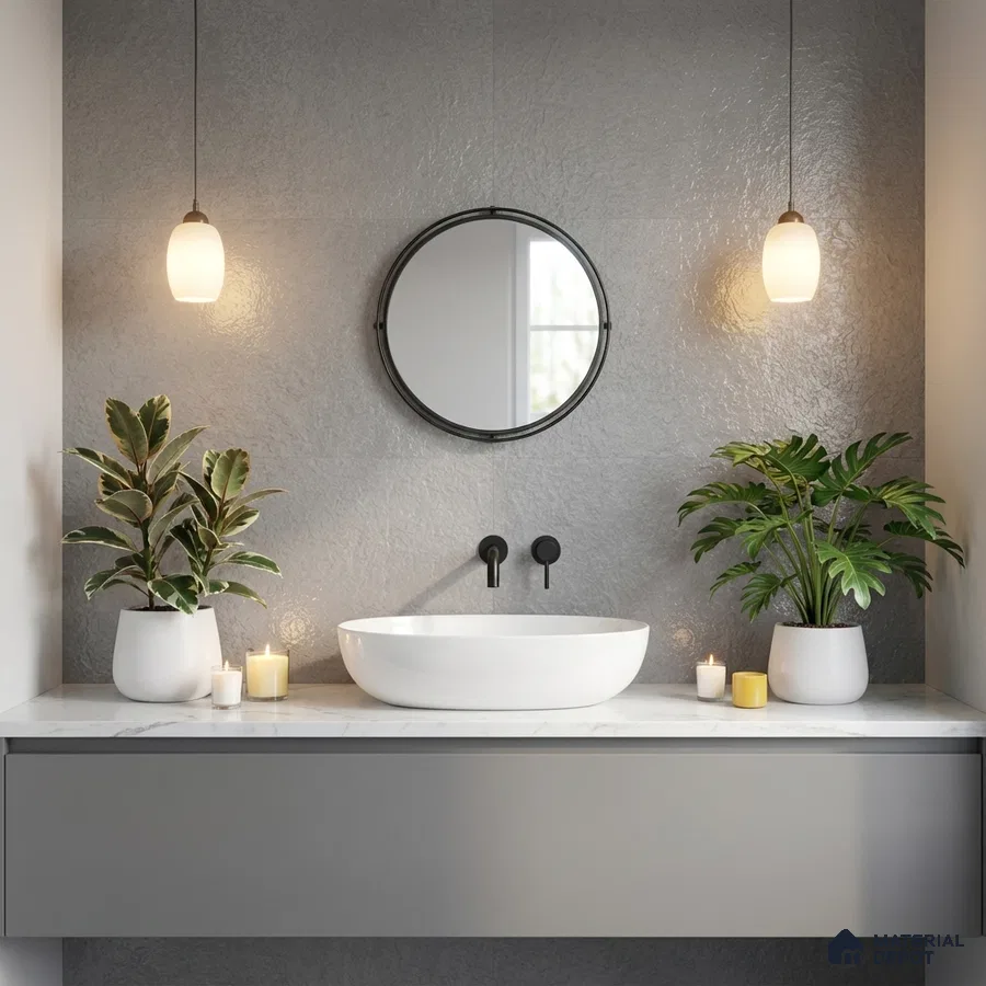 Minimalist bathroom with grey textured wall tile, white marble countertop, and matte grey vanity
